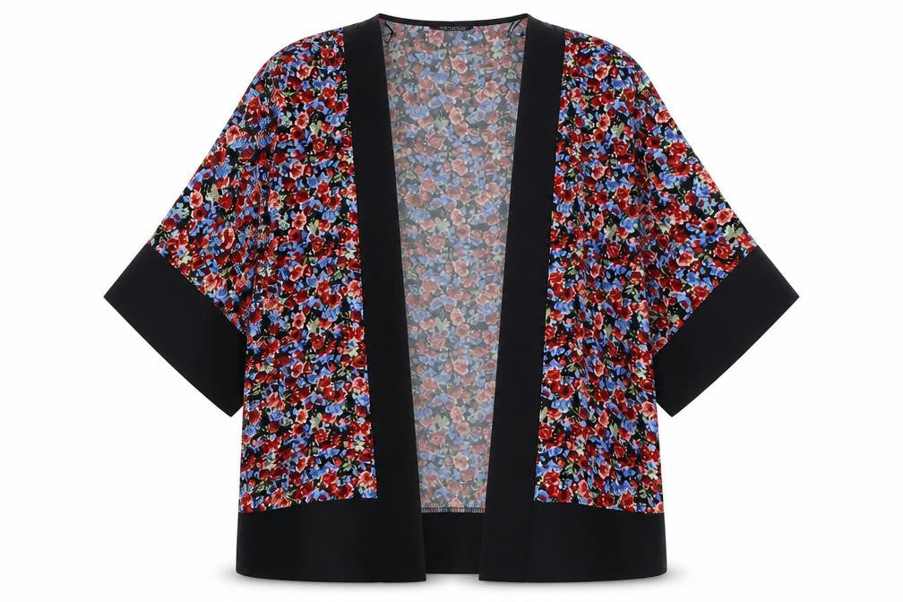 Front view of Select women’s multicoloured floral polyester kimono blouse, size UK 12, v-neck - open