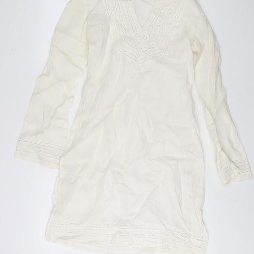Zara Womens Ivory Ramie Sheath Size L V-Neck Pullover - Embroidered