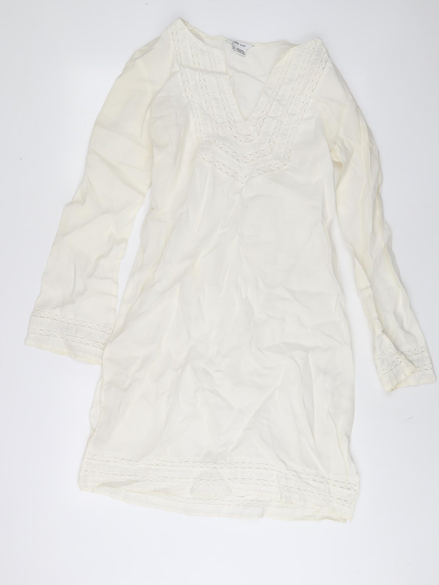 Zara Womens Ivory Ramie Sheath Size L V-Neck Pullover - Embroidered