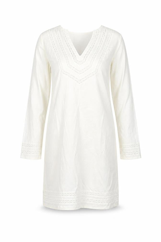 Front view of Zara women’s ivory ramie sheath, size L, v-neck pullover - embroidered
