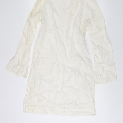 Zara Womens Ivory Ramie Sheath Size L V-Neck Pullover - Embroidered