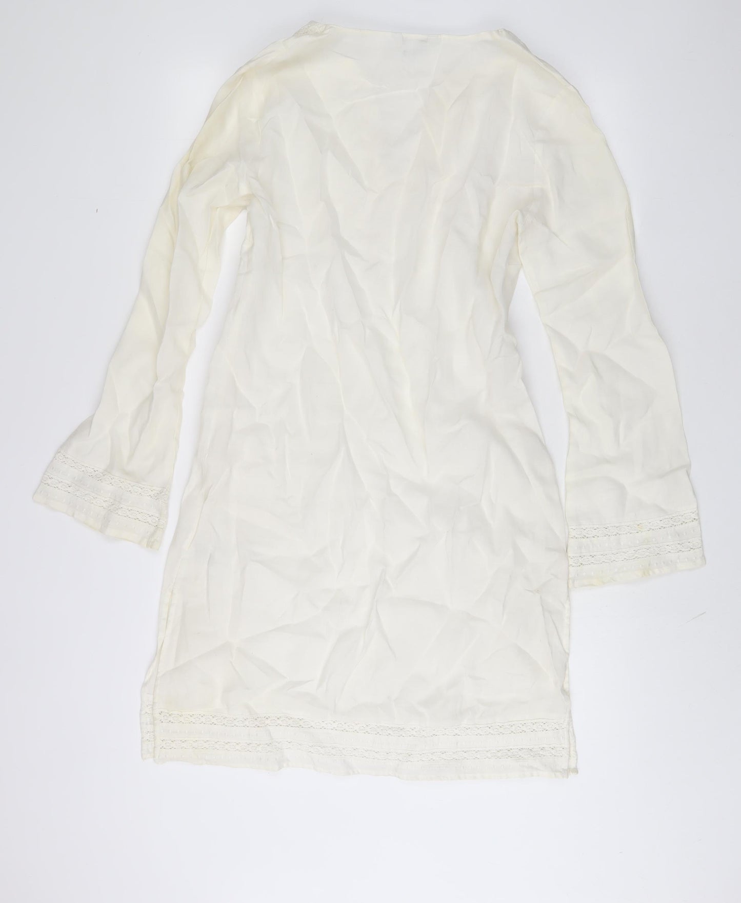 Zara Womens Ivory Ramie Sheath Size L V-Neck Pullover - Embroidered