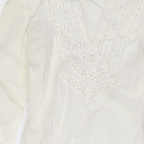 Zara Womens Ivory Ramie Sheath Size L V-Neck Pullover - Embroidered