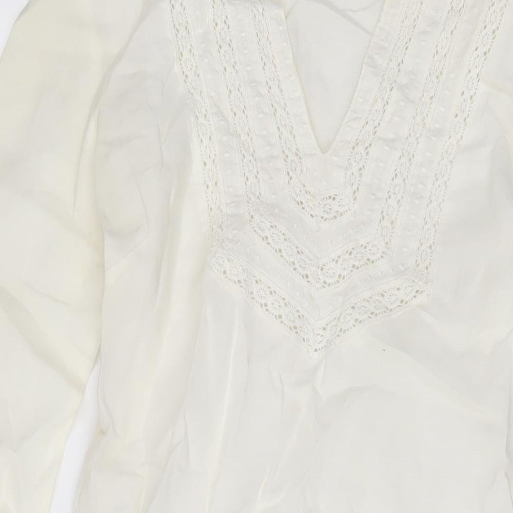 Zara Womens Ivory Ramie Sheath Size L V-Neck Pullover - Embroidered