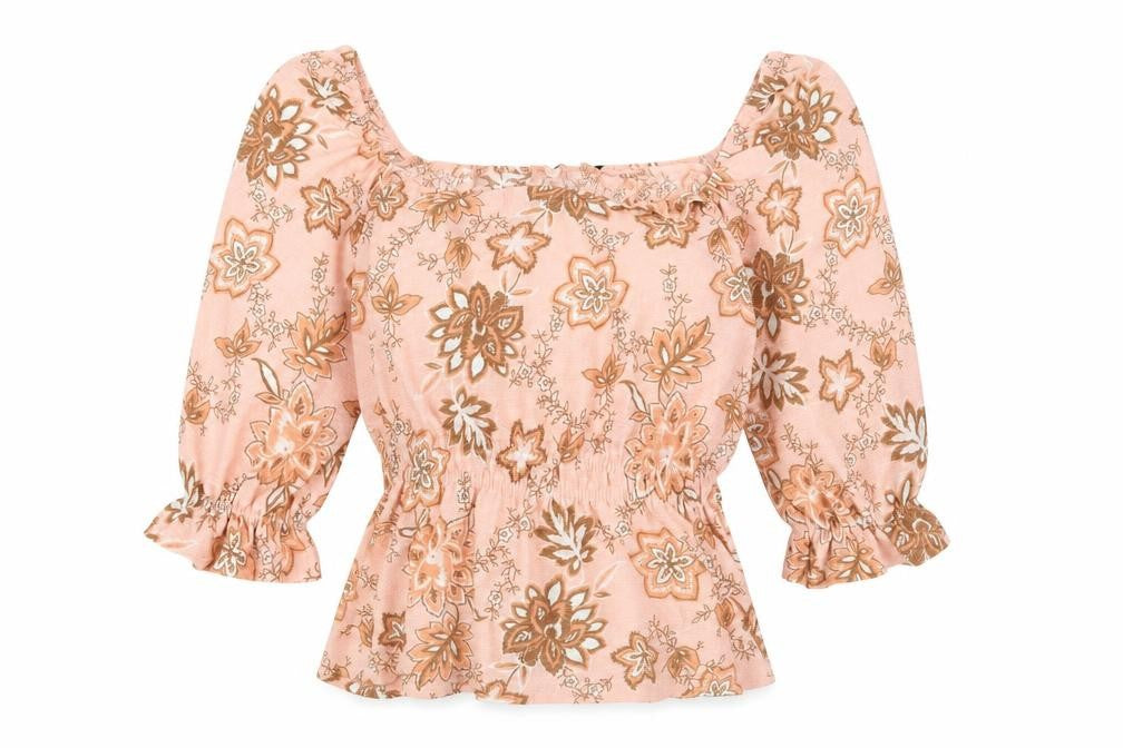Front view of Dorothy Perkins women’s pink floral polyester basic blouse, size UK 14, square neck - frill