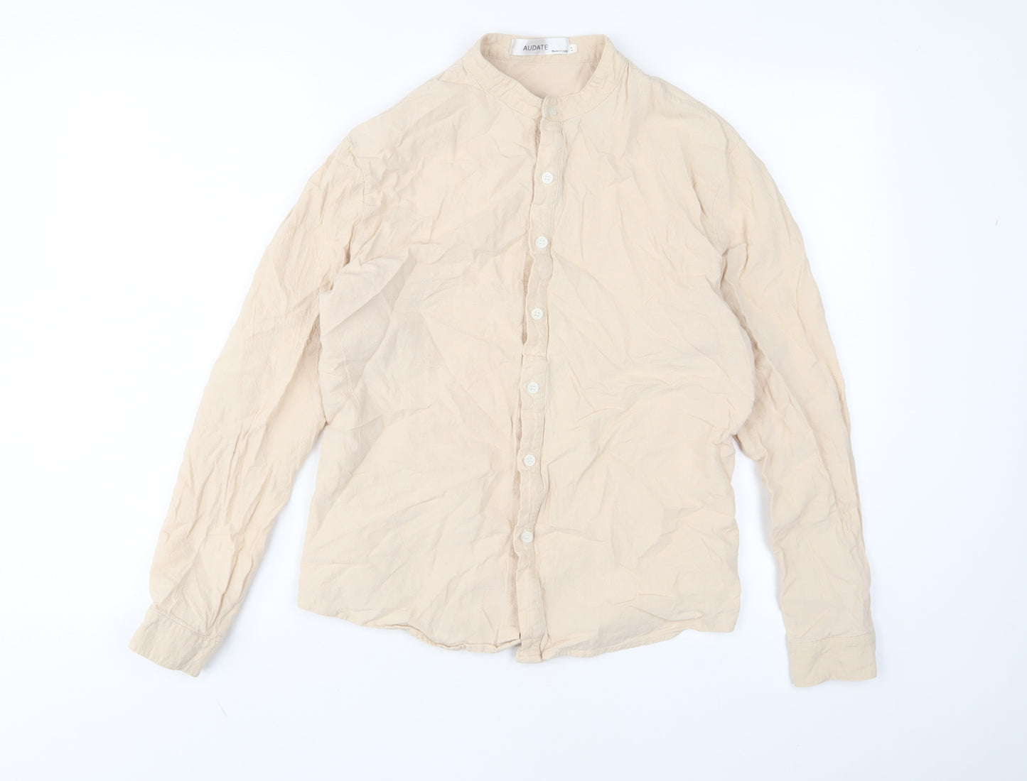 Audate Womens Beige Linen Basic Button-Up Size M Crew Neck