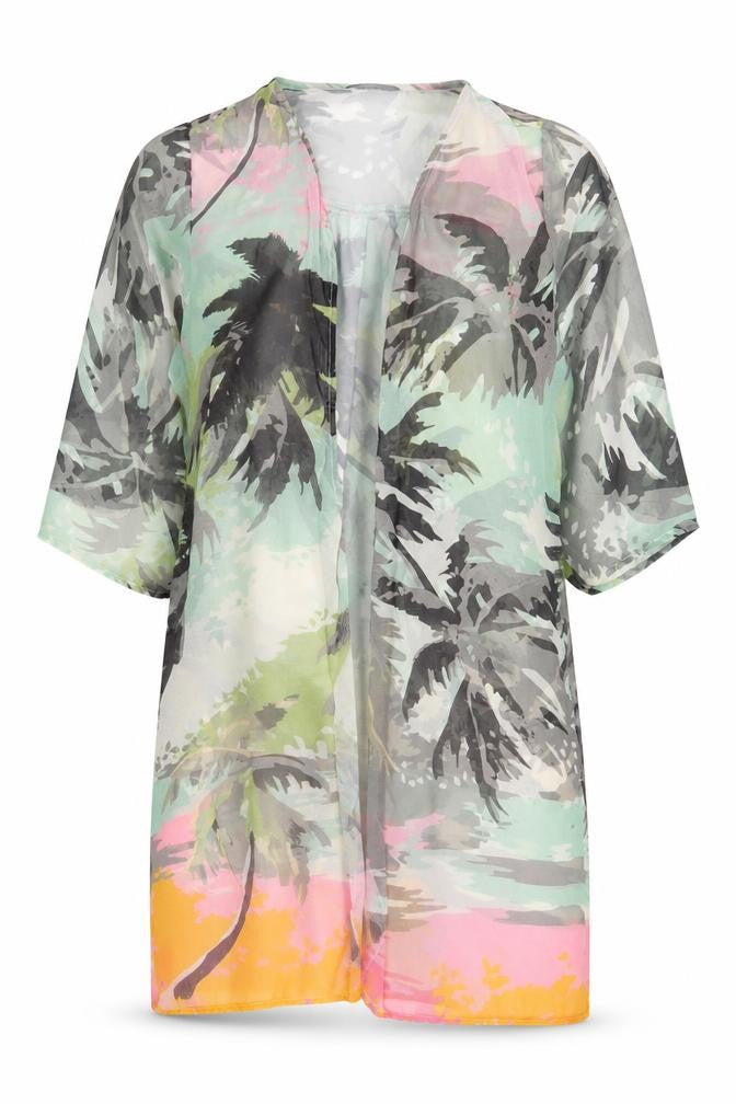 Front view of Next women’s multicoloured floral polyester kimono blouse, size UK 18, v-neck - open