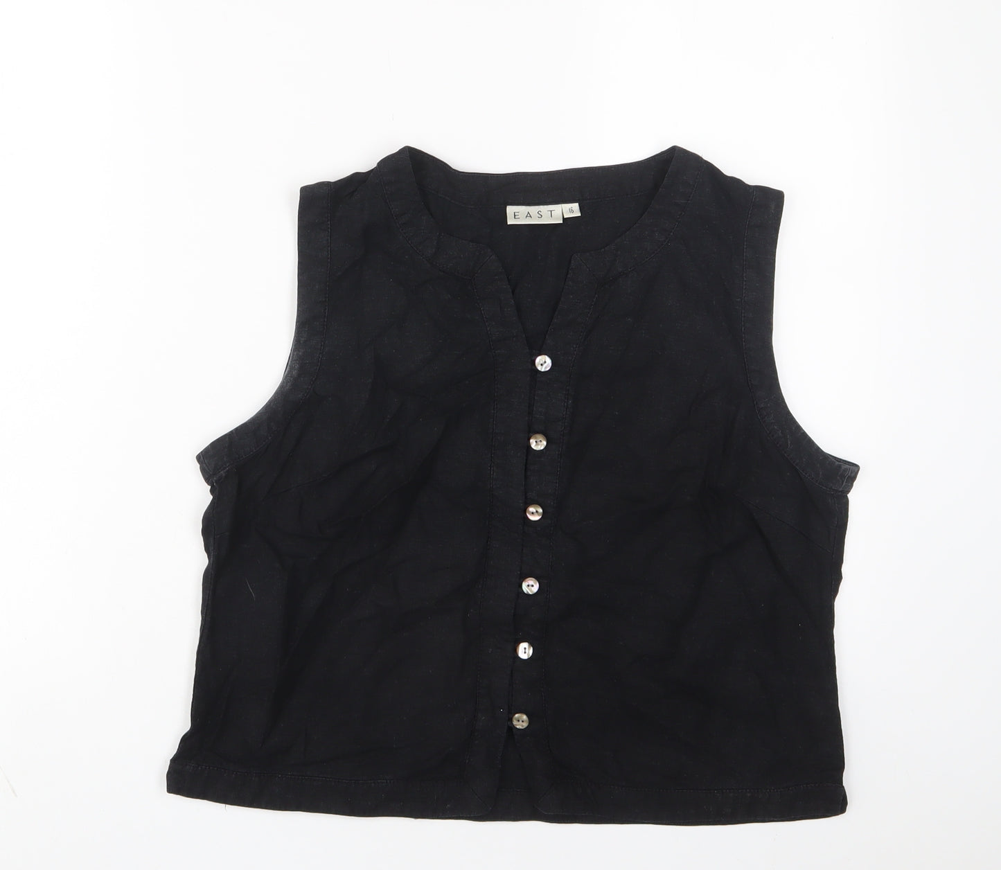 EAST Womens Black Linen Basic Button-Up Size 16 V-Neck