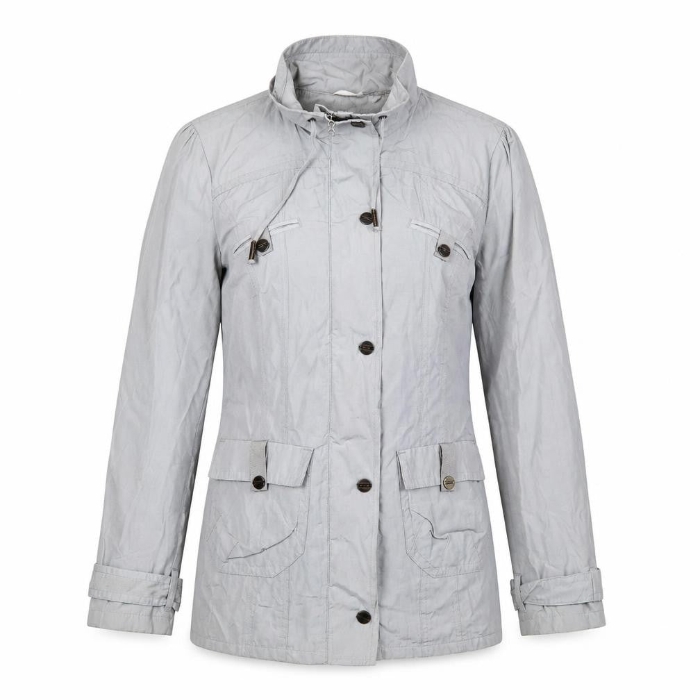Front view of Per Una women’s grey jacket, size UK 12, zip