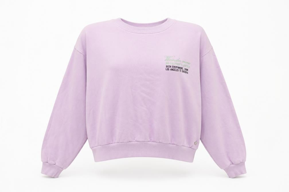 Front view of Pacific Republic women’s purple cotton pullover sweatshirt, size M, pullover - embroidered