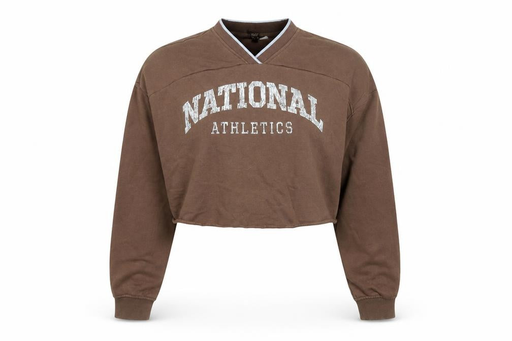 Front view of H&M women’s brown cotton pullover sweatshirt, size S, pullover