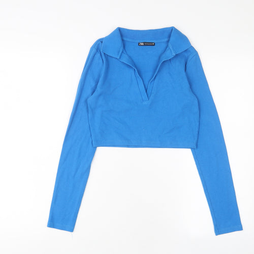 Zara Womens Blue Cotton Basic T-Shirt Size M Collared
