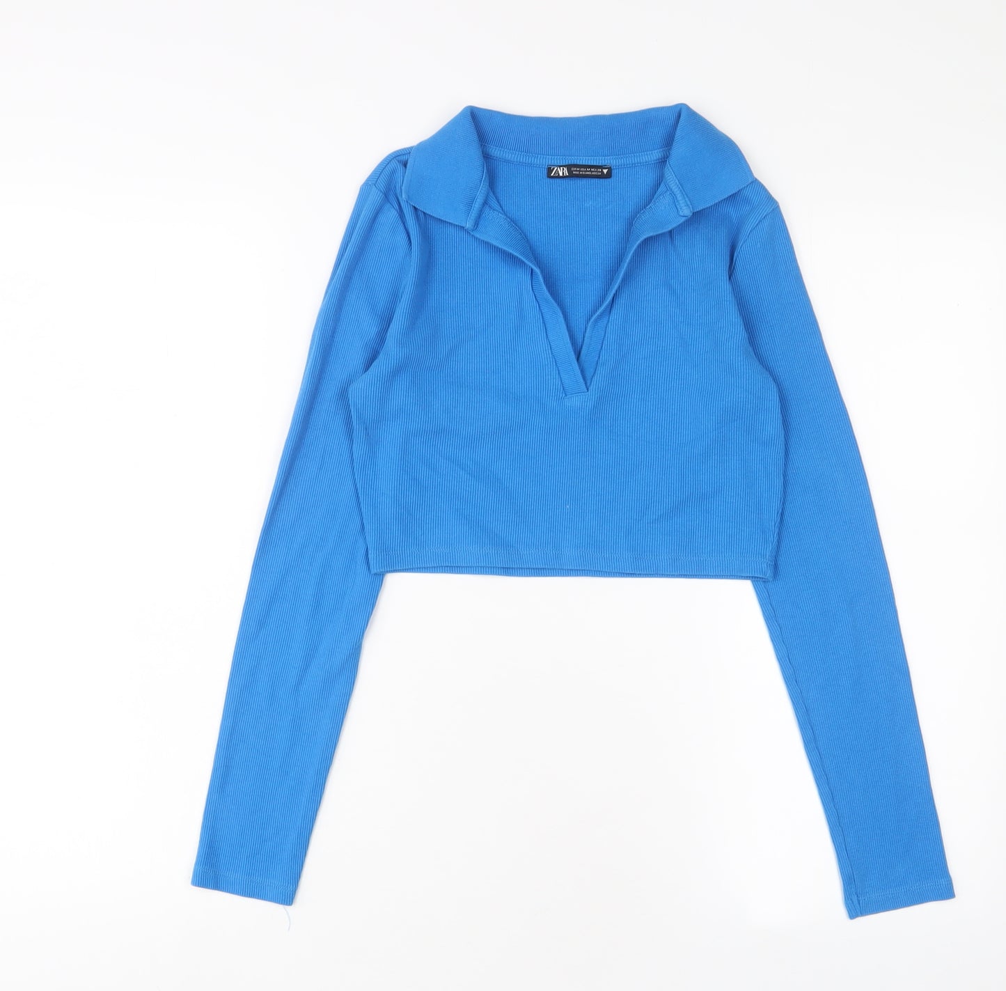Zara Womens Blue Cotton Basic T-Shirt Size M Collared