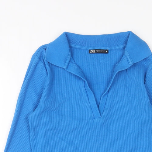Zara Womens Blue Cotton Basic T-Shirt Size M Collared