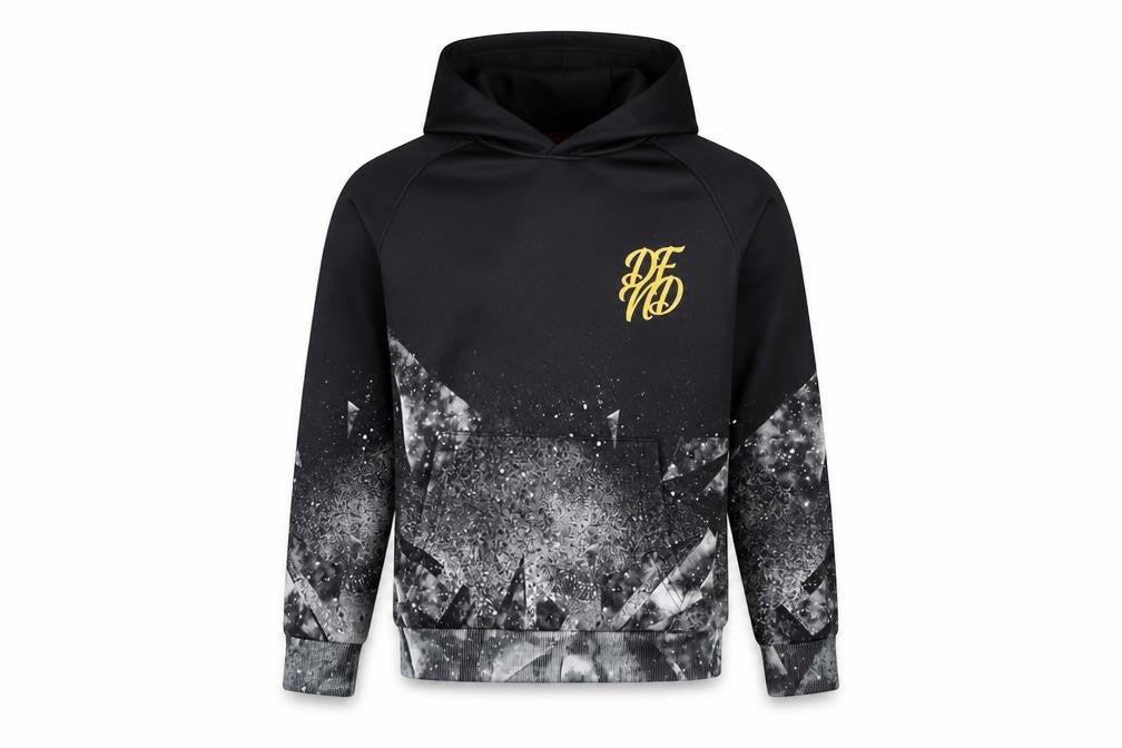 Front view of DFND boys’ grey geometric polyester pullover hoodie, size 11-12, years pullover