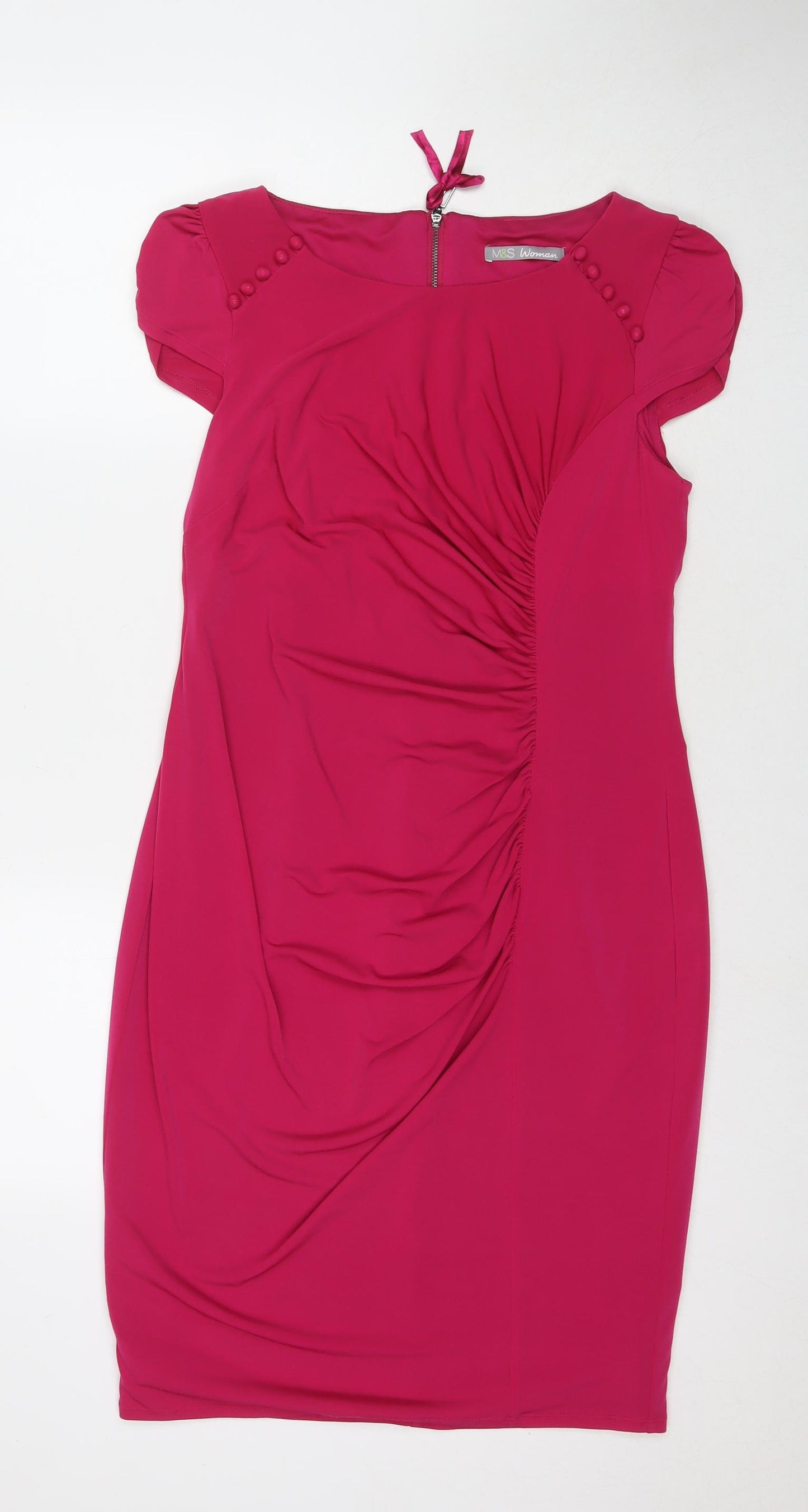 Marks and Spencer Womens Pink Polyester A-Line Size 14 Round Neck Zip
