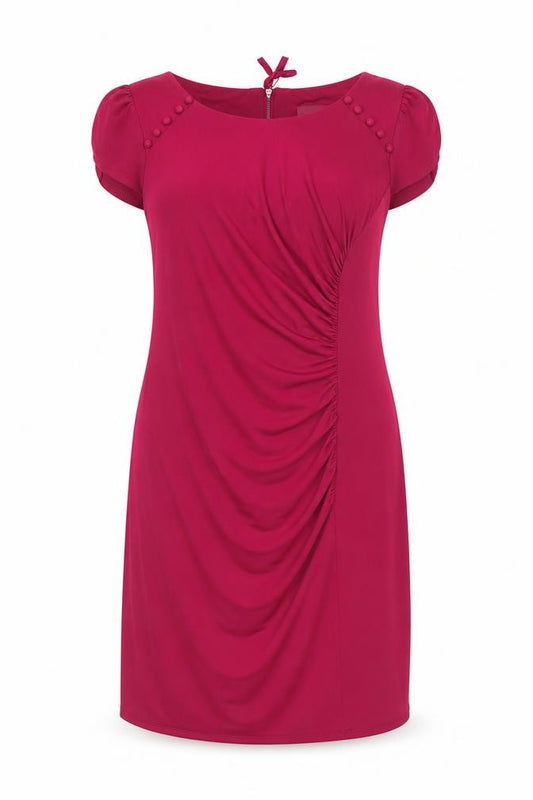 Front view of Marks & Spencer women’s pink polyester a-line, size UK 14, round neck zip