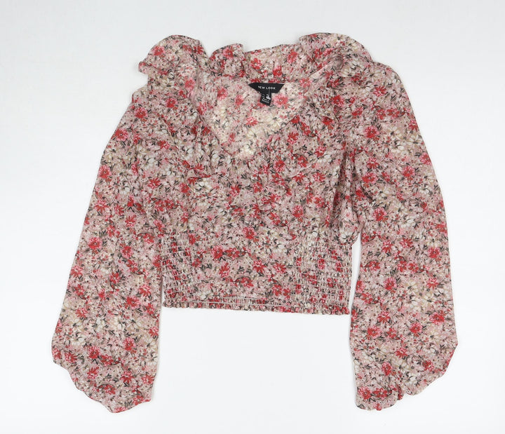 New Look Womens Red Floral Polyester Basic Blouse Size 10 Off the Shoulder