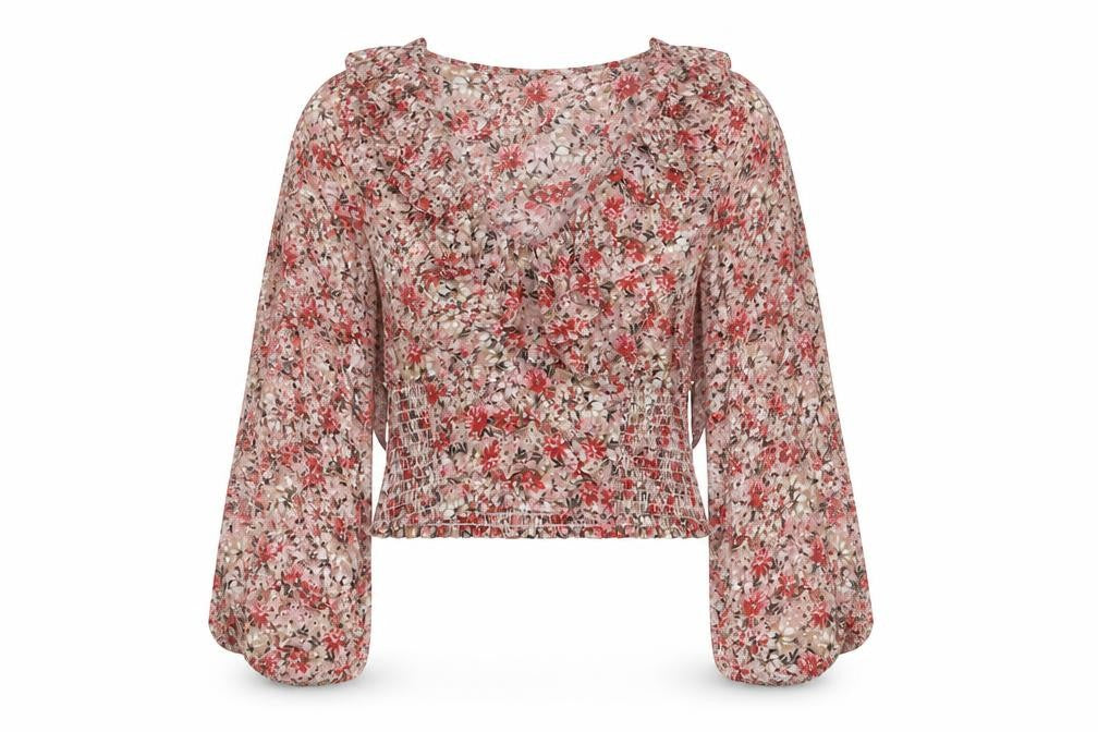 Front view of New Look women’s red floral polyester basic blouse, size UK 10, off the shoulder