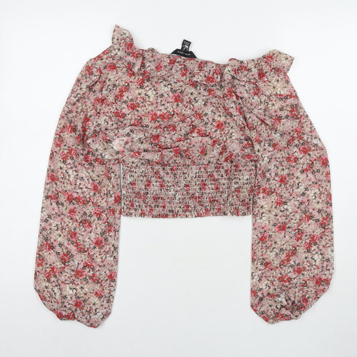 New Look Womens Red Floral Polyester Basic Blouse Size 10 Off the Shoulder
