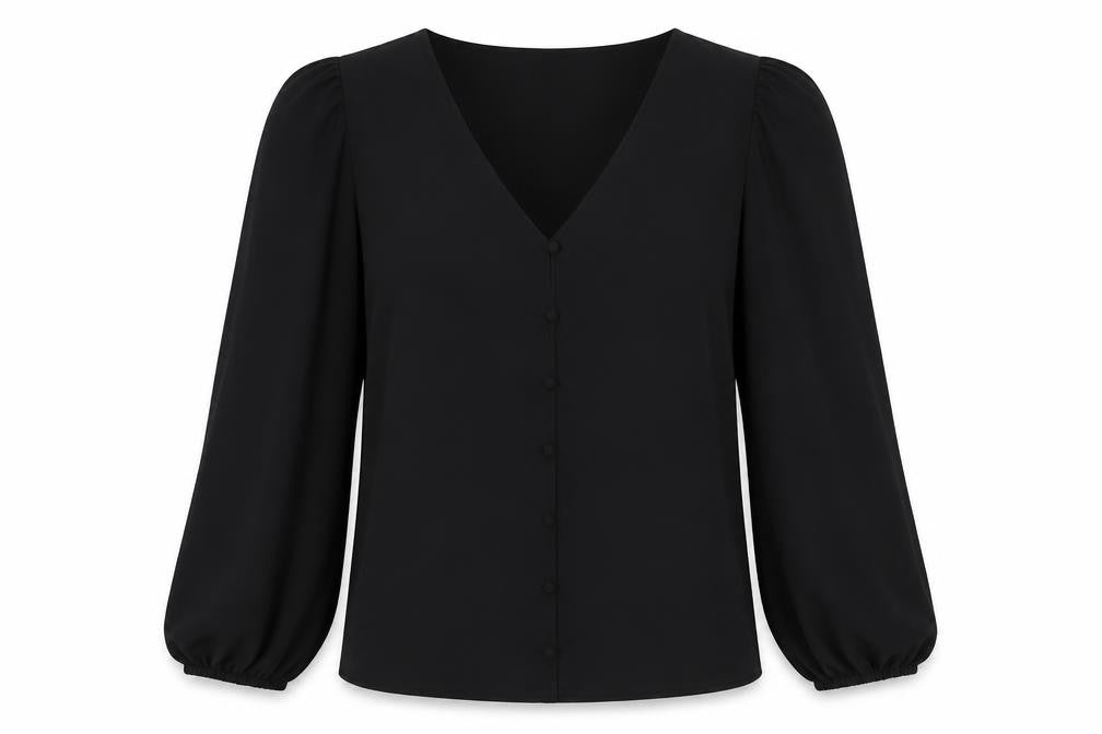 Front view of Marks & Spencer women’s black polyester basic blouse, size UK 12, v-neck