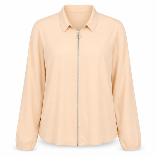 Front view of Marks & Spencer women’s beige polyester basic blouse, size UK 12, collared