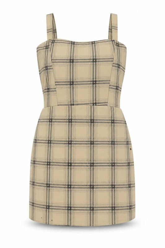 Front view of I SAW IT FIRST women’s beige check polyester tank dress, size UK 14, square neck pullover