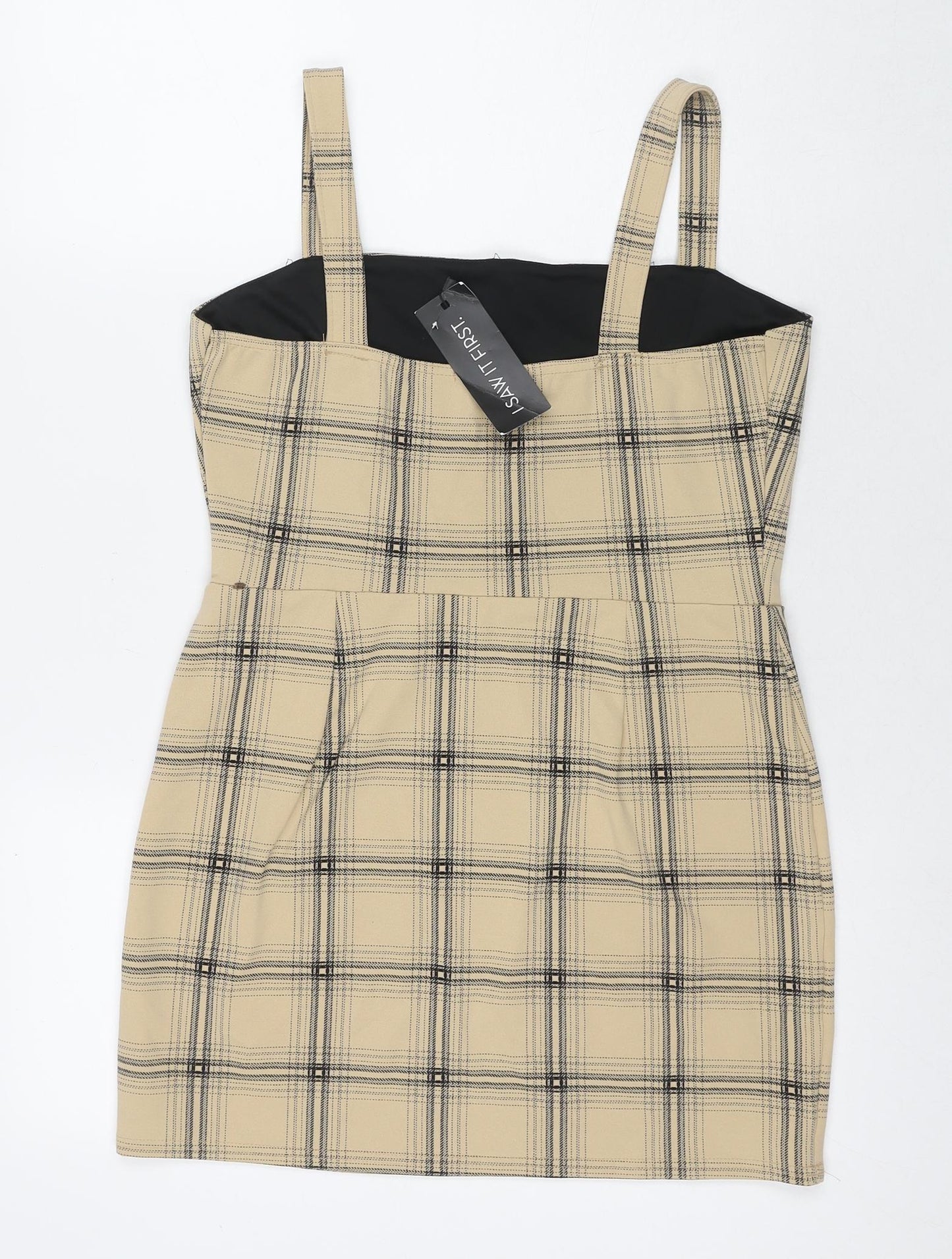 I SAW IT FIRST Womens Beige Check Polyester Tank Dress Size 14 Square Neck Pullover