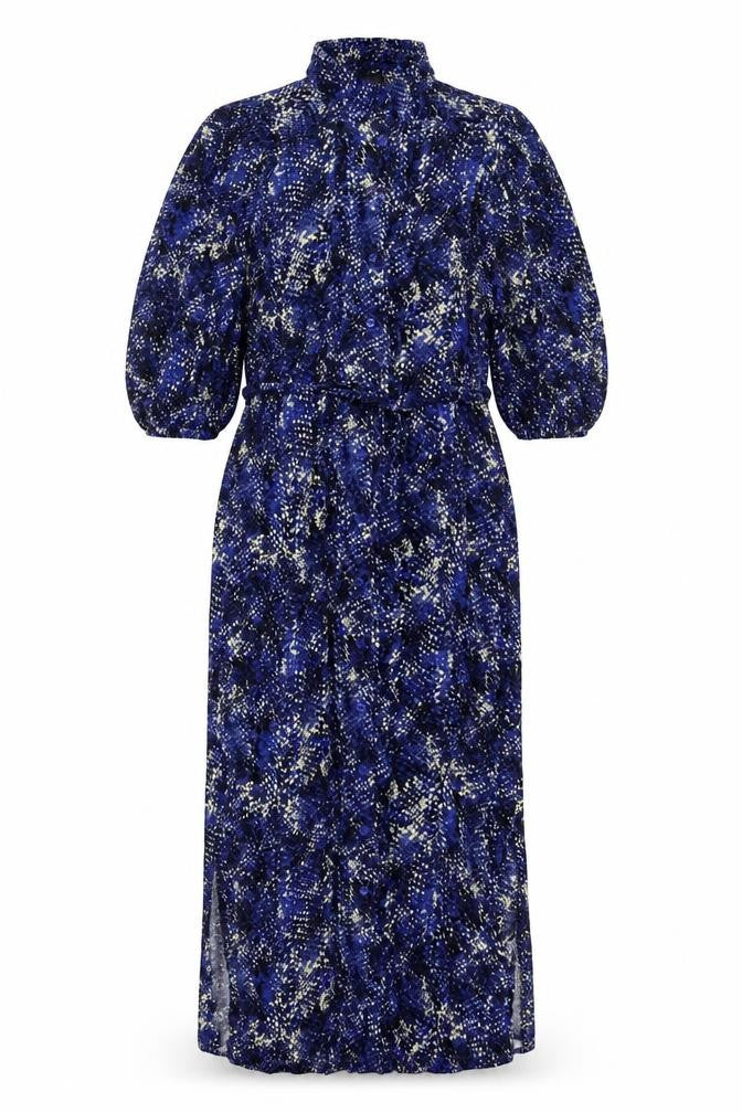 Front view of Marks & Spencer women’s blue animal print viscose maxi, size UK 12, collared button - snake pattern