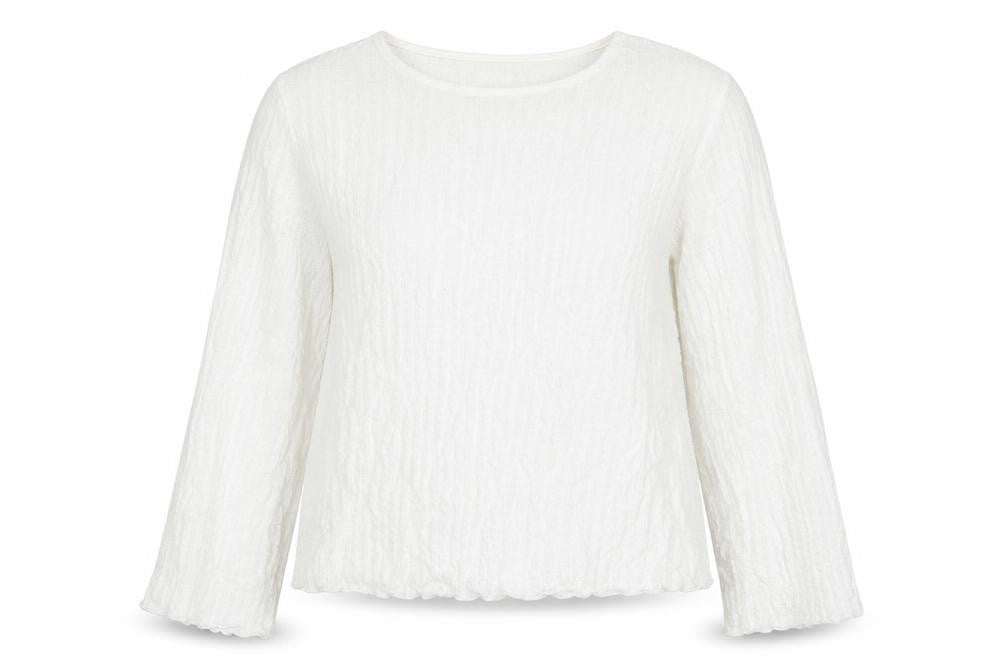 Front view of Marks & Spencer women’s white patent leather basic blouse, size UK 12, round neck