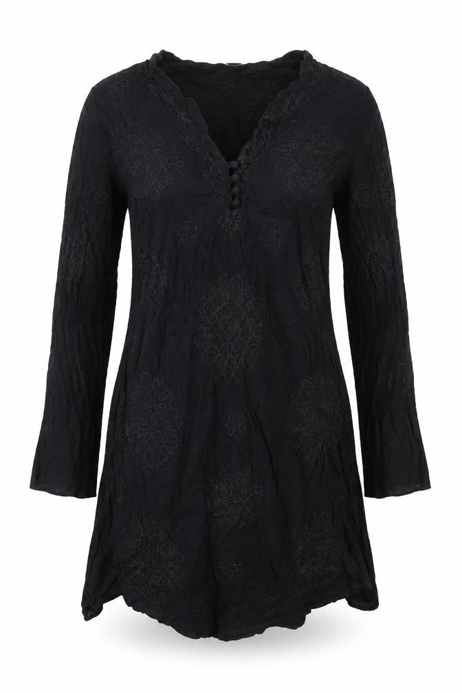 Front view of Next women’s black cotton tunic blouse, size UK 10, v-neck