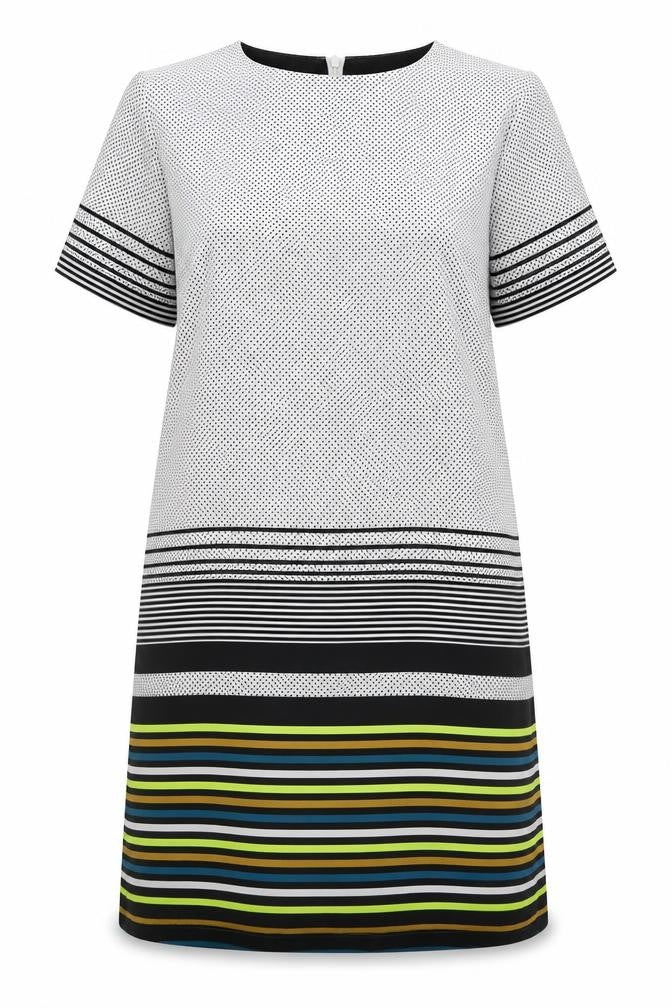 Front view of Boohoo women’s multicoloured polyester a-line, size UK 8, roll neck zip
