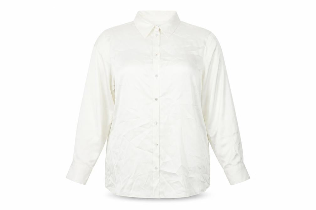 Front view of Marks & Spencer women’s white polyester basic button-up, size UK 12, collared