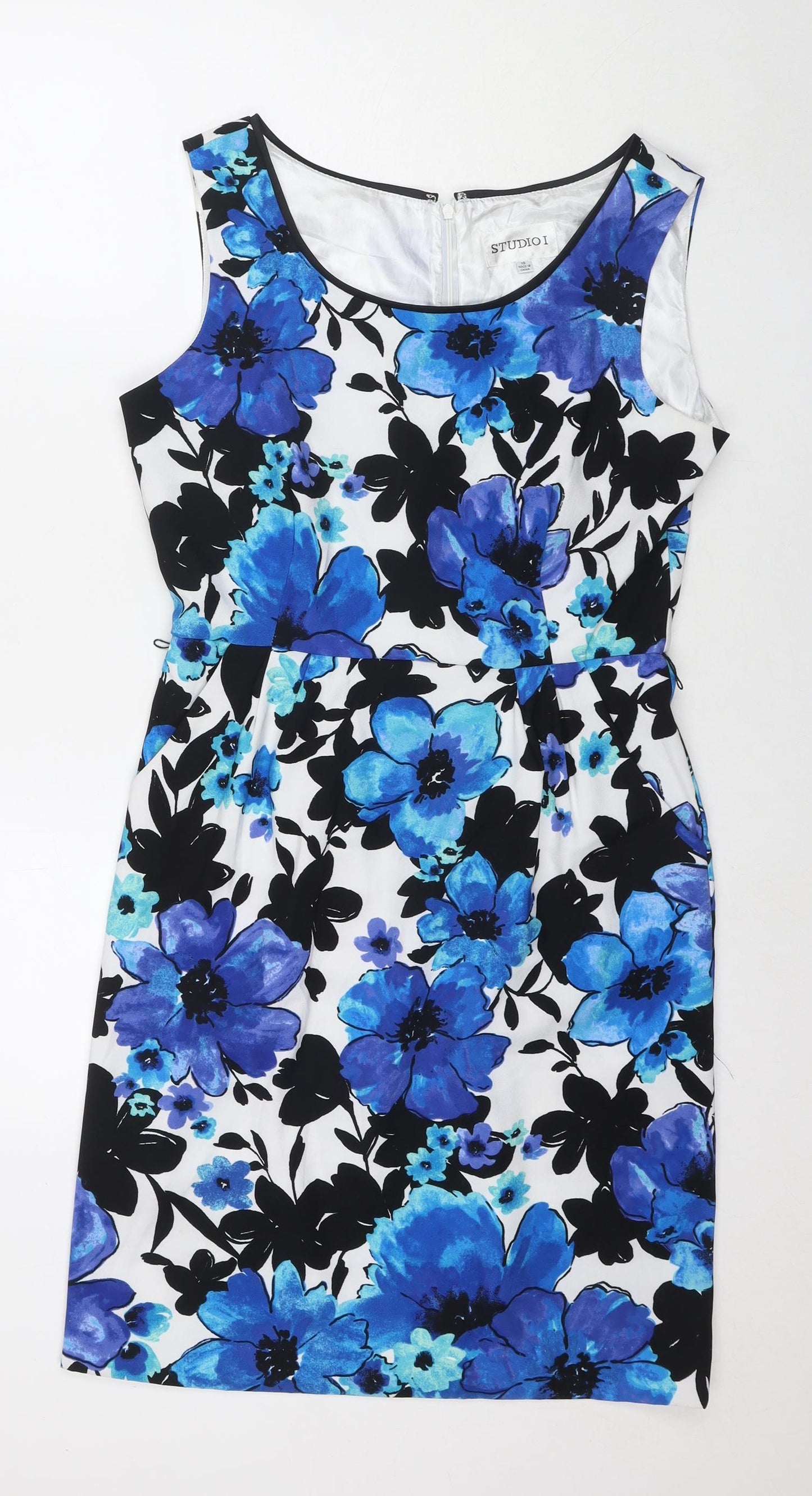 Studio I Womens Blue Floral Polyester A-Line Size 10 Round Neck Zip