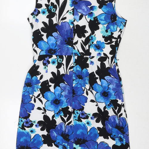 Studio I Womens Blue Floral Polyester A-Line Size 10 Round Neck Zip