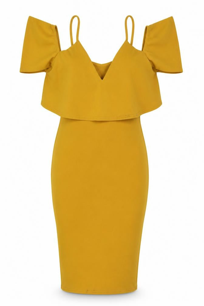 Front view of Missguided women’s yellow polyester bodycon, size UK 8, off the shoulder pullover