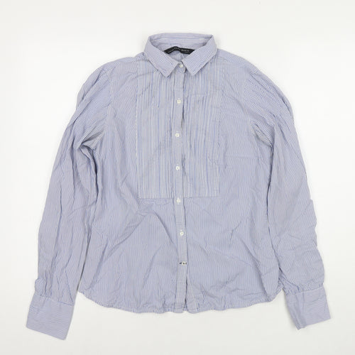 Zara Womens Blue Striped Cotton Basic Button-Up Size S Collared