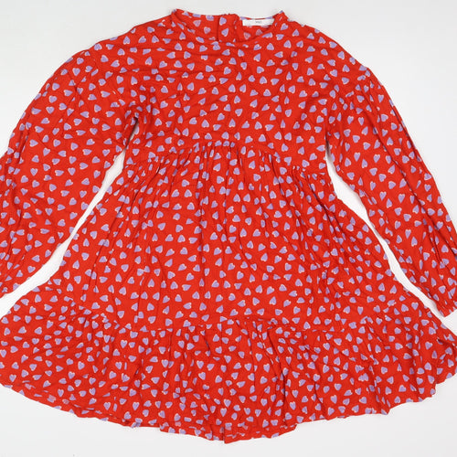 Marks and Spencer Girls Red Geometric Viscose Fit & Flare Size 12-13 Years Round Neck Zip - Hearts