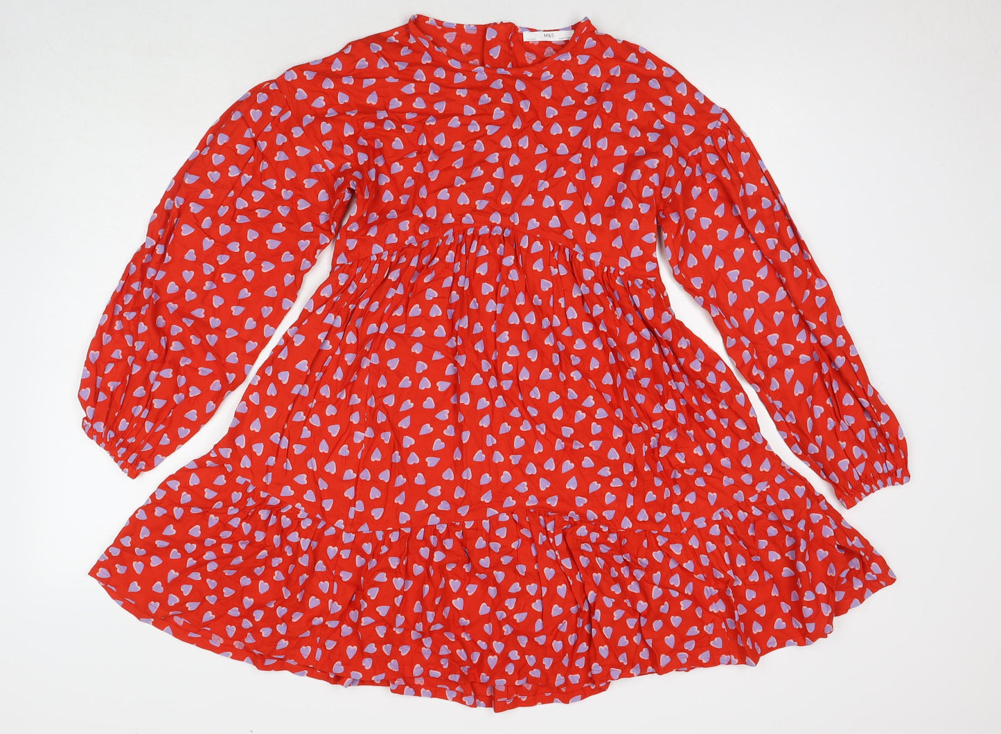Marks and Spencer Girls Red Geometric Viscose Fit & Flare Size 12-13 Years Round Neck Zip - Hearts