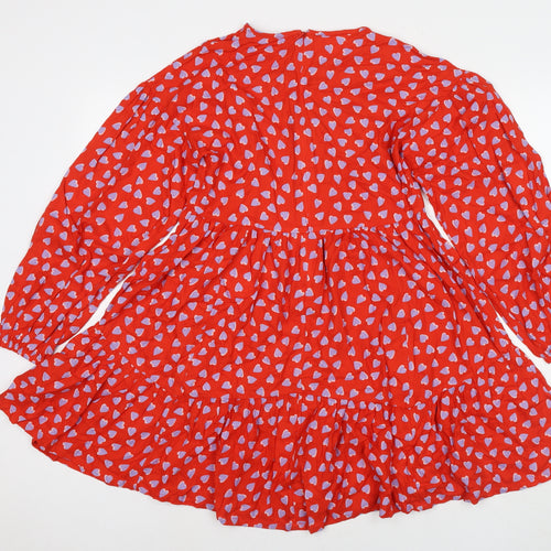 Marks and Spencer Girls Red Geometric Viscose Fit & Flare Size 12-13 Years Round Neck Zip - Hearts