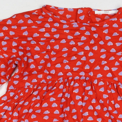Marks and Spencer Girls Red Geometric Viscose Fit & Flare Size 12-13 Years Round Neck Zip - Hearts