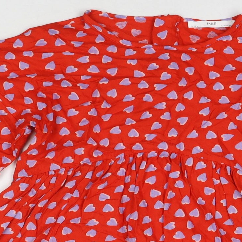 Marks and Spencer Girls Red Geometric Viscose Fit & Flare Size 12-13 Years Round Neck Zip - Hearts