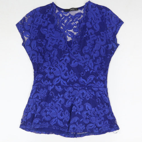 Quiz Womens Blue Polyester Basic Blouse Size 10 V-Neck
