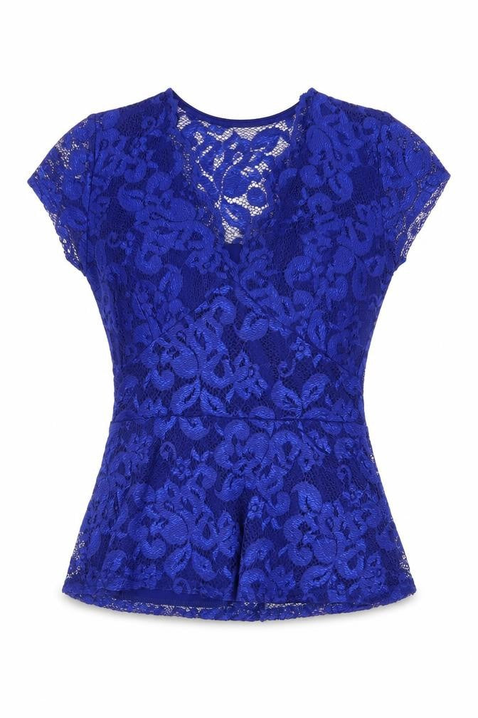 Front view of Quiz women’s blue polyester basic blouse, size UK 10, v-neck