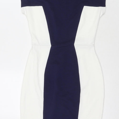 Closet Womens Blue Colourblock Polyester A-Line Size 10 Round Neck Zip