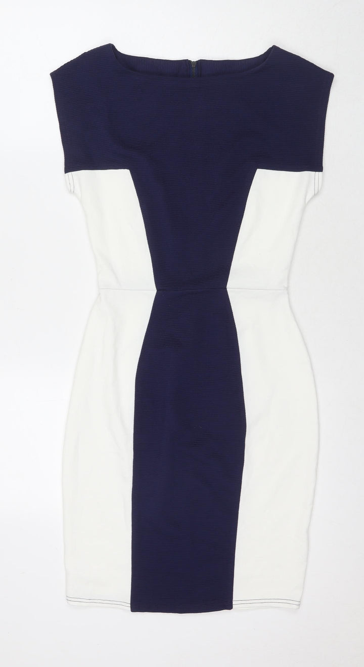 Closet Womens Blue Colourblock Polyester A-Line Size 10 Round Neck Zip