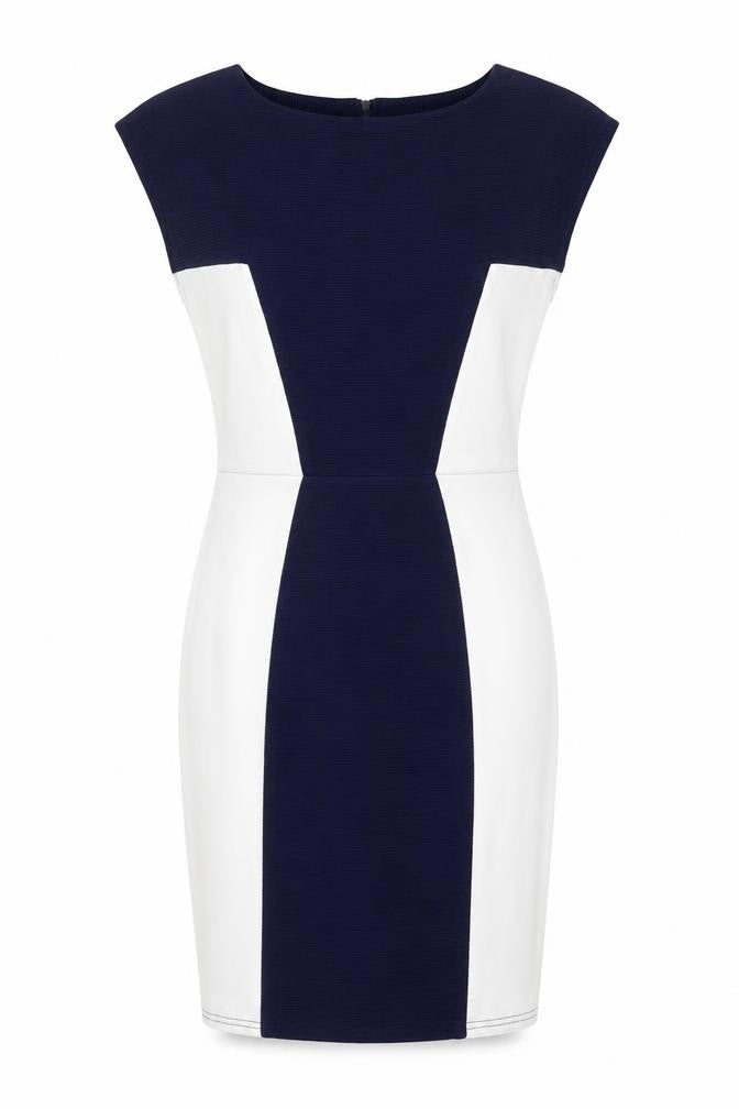 Front view of Closet women’s blue colourblock polyester a-line, size UK 10, round neck zip
