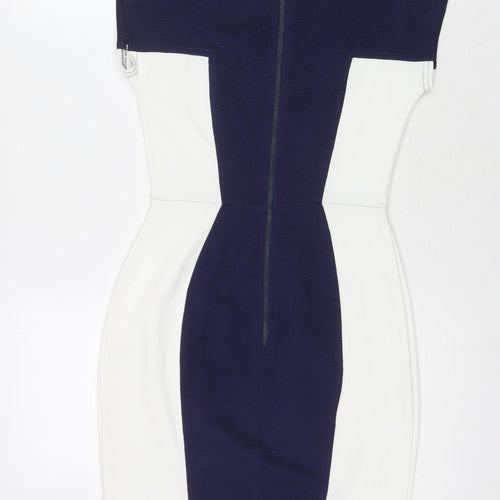 Closet Womens Blue Colourblock Polyester A-Line Size 10 Round Neck Zip