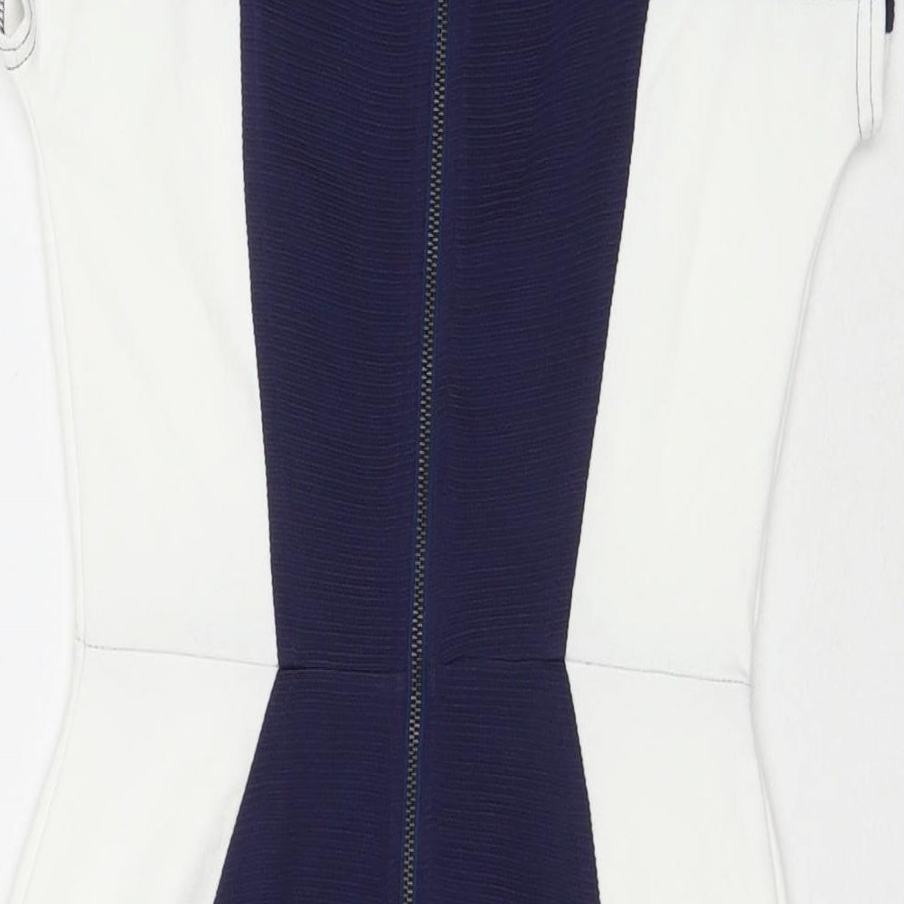 Closet Womens Blue Colourblock Polyester A-Line Size 10 Round Neck Zip