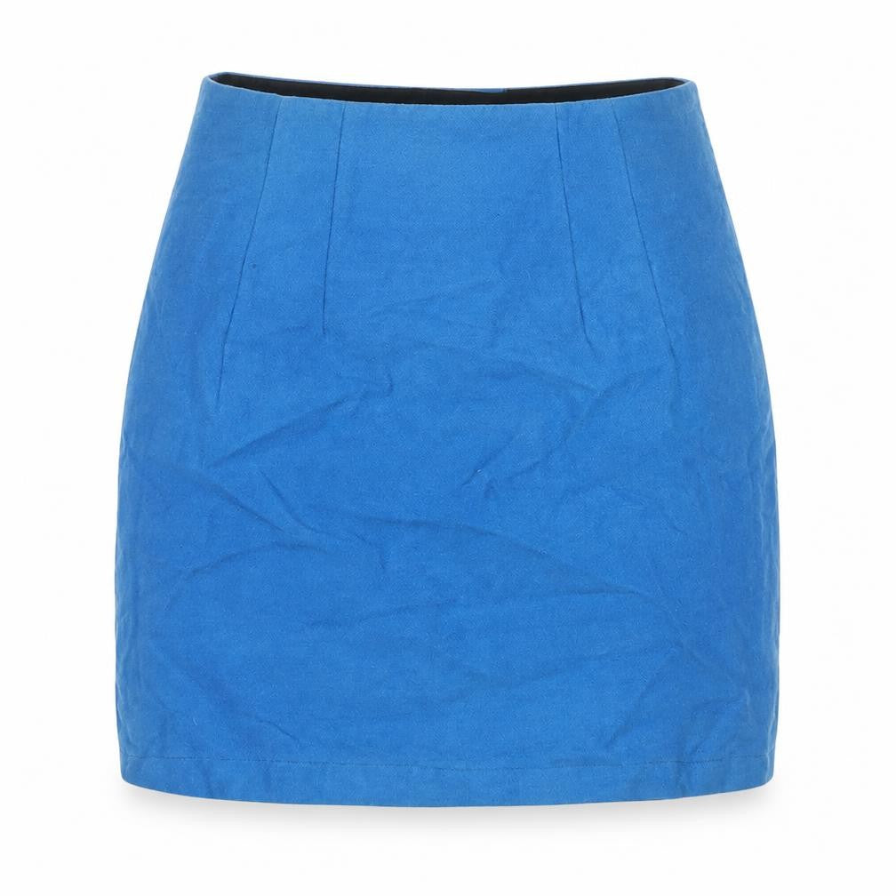 Front view of Laurel women’s blue wool mini skirt, size UK 8, zip